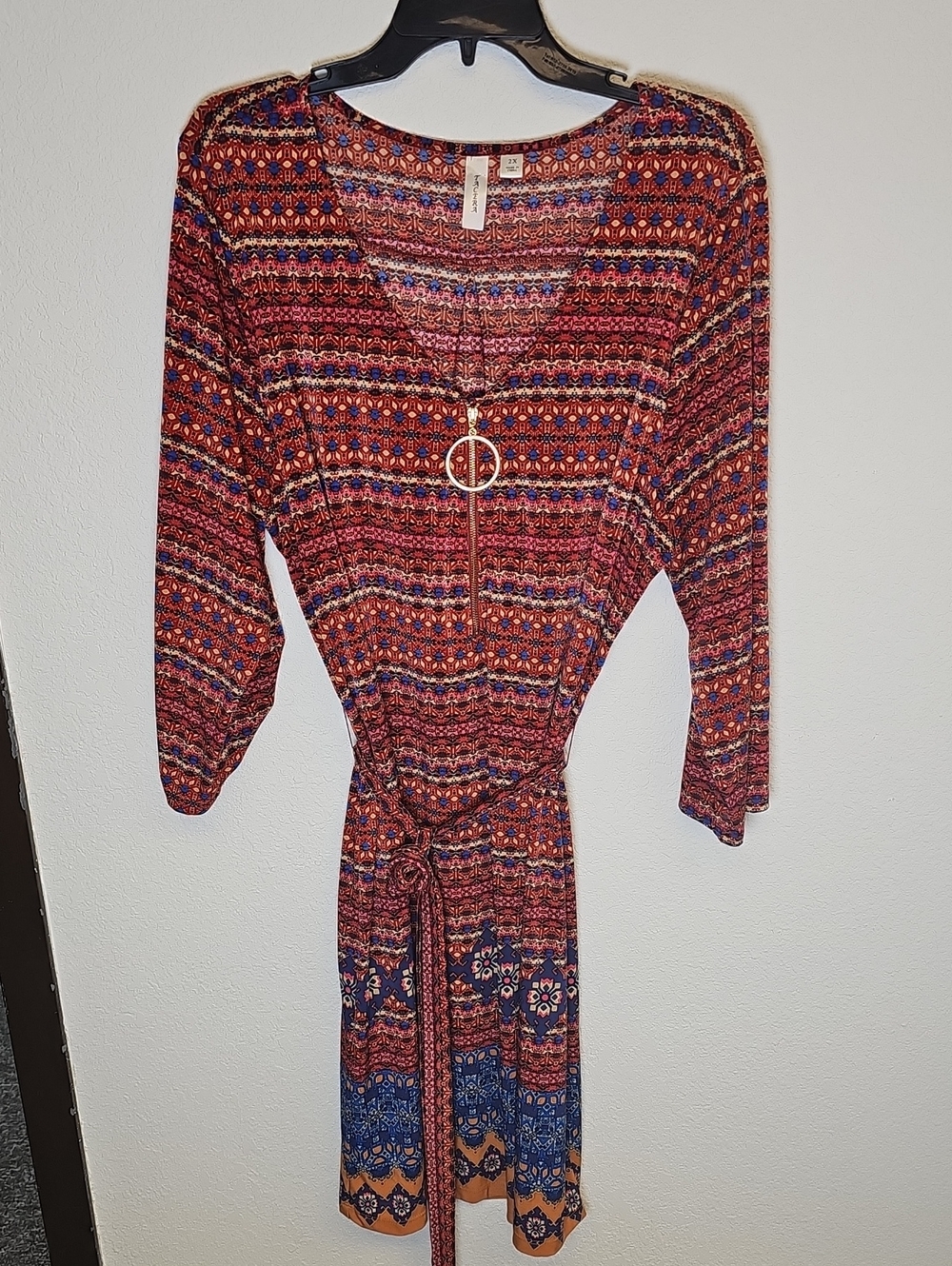 Tacera Red & Blue Patterned Long Sleeve Midi Dress with Zip Ring NWOT 2XL